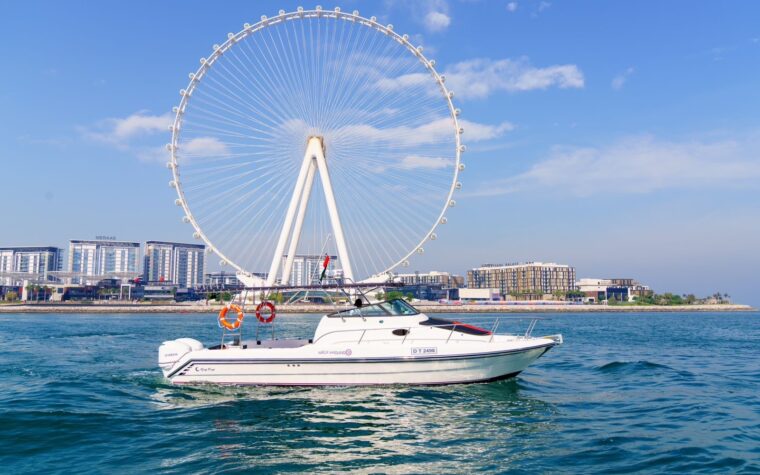 Sea King 31ft mini-yacht on the water in front of Ain Dubai on Bluewaters Island