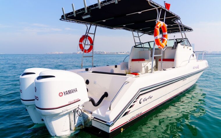 Twin Yamaha outboards and the bathing platform on the 31ft mini-yacht