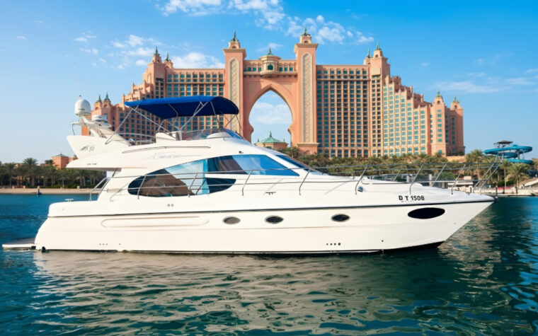 Sea King 50ft private yacht on the water in front of Atlantis The Palm, Dubai