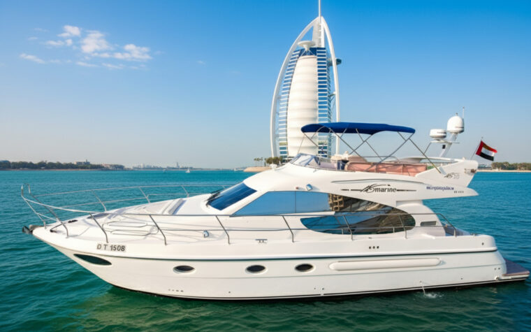Sea King 50ft private yacht passing the Burj Al Arab in Dubai
