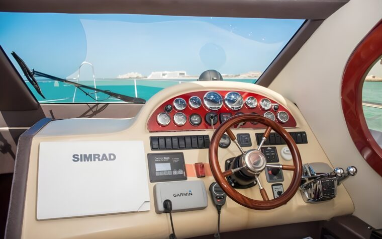 Lower helm station with Simrad navigation instruments on the 50ft yacht