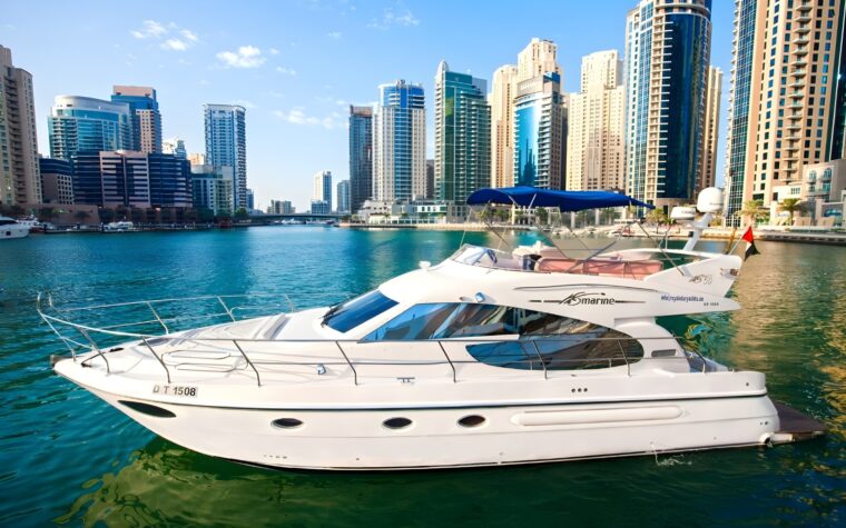 Sea King 50ft yacht moored in Dubai Marina with the skyline behind