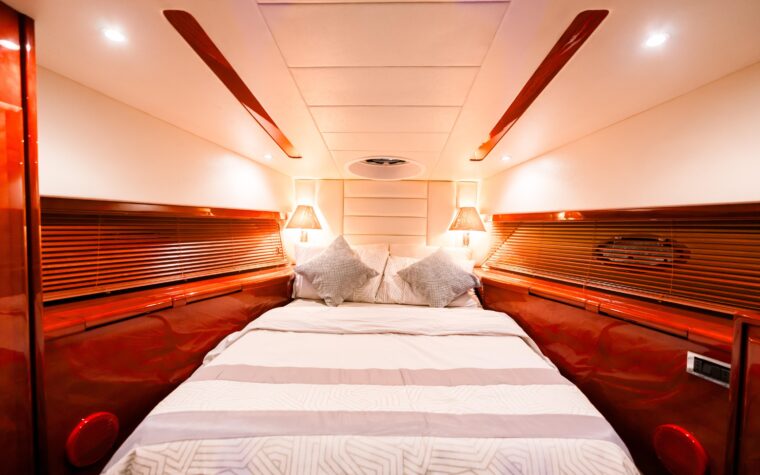 Cabin with a double bed below deck aboard the 50ft yacht