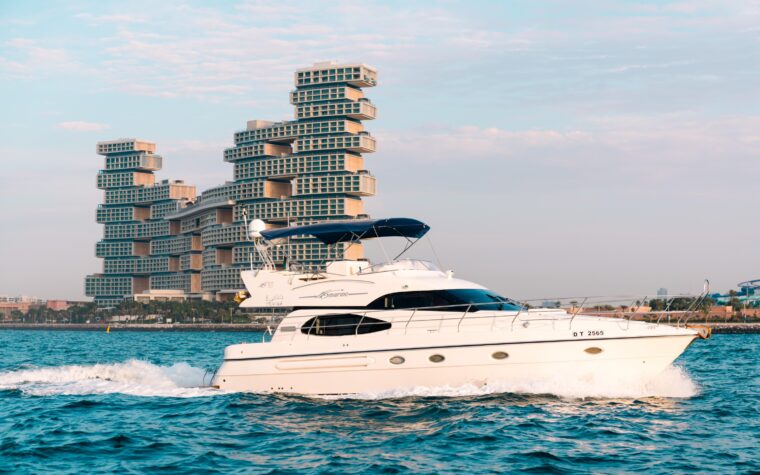 Sea King 50ft private yacht cruising past the Royal Atlantis on Palm Jumeirah, Dubai