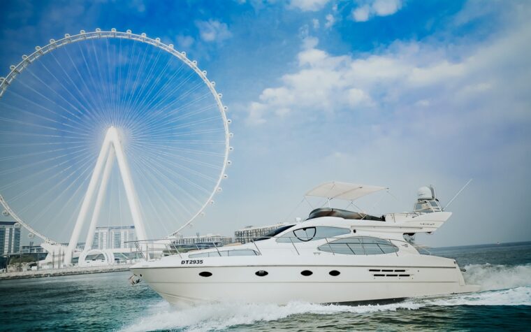 Sea King 46ft flybridge yacht on the water in front of Ain Dubai on Bluewaters Island