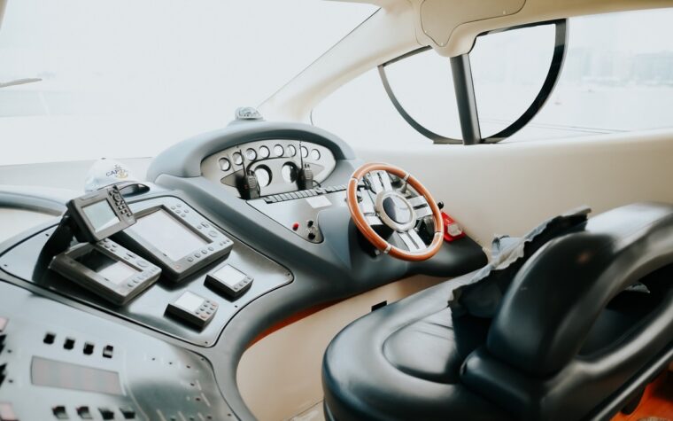 Lower helm with navigation instruments aboard the 46ft yacht