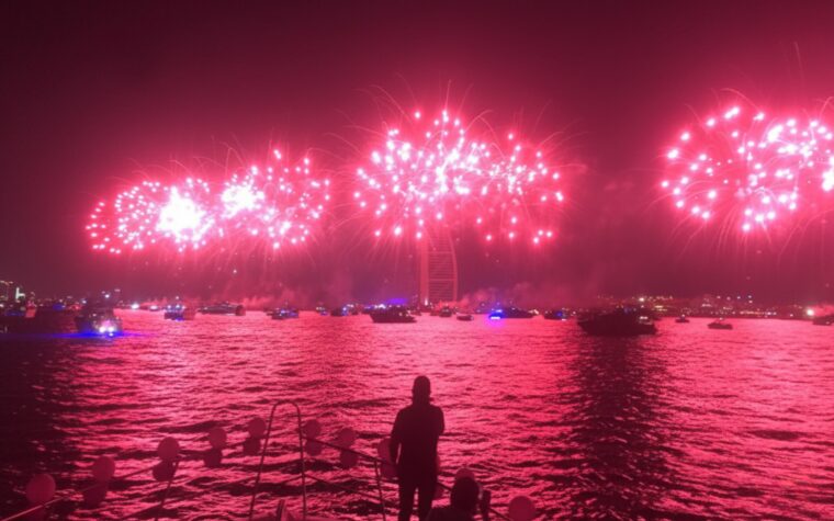New Year fireworks reflected on the water off Dubai Marina