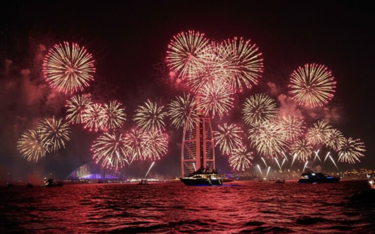 New Year fireworks filling the sky over the Arabian Gulf off Dubai