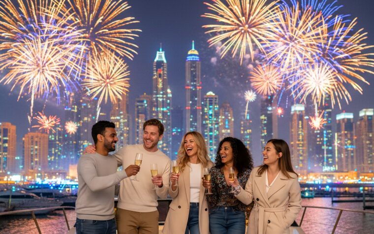 Group raising a toast on deck as fireworks light the Dubai Marina skyline