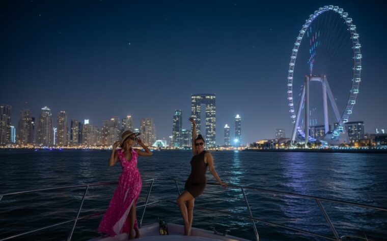 Guests on the deck of the yacht with Ain Dubai lit behind them