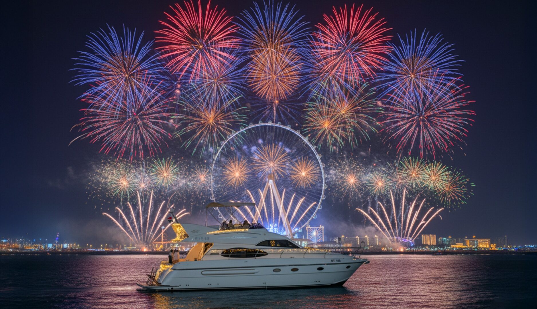 Private 50ft yacht on the water as New Year fireworks burst over Ain Dubai