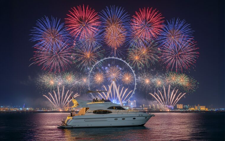 Private 50ft yacht on the water as New Year fireworks burst over Ain Dubai
